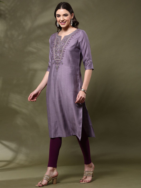 Anouk Floral Yoke Design Notch Neck Thread Work Straight Kurta - Image 4