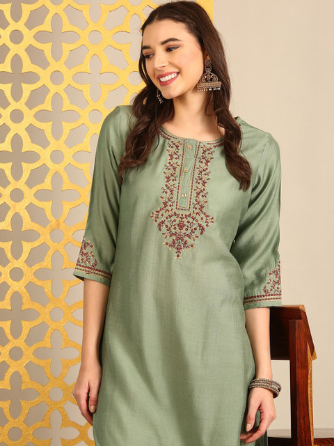 Anouk Embroidered Thread Work Round Neck Straight Kurta