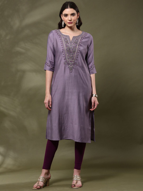 Anouk Floral Yoke Design Notch Neck Thread Work Straight Kurta - Image 2