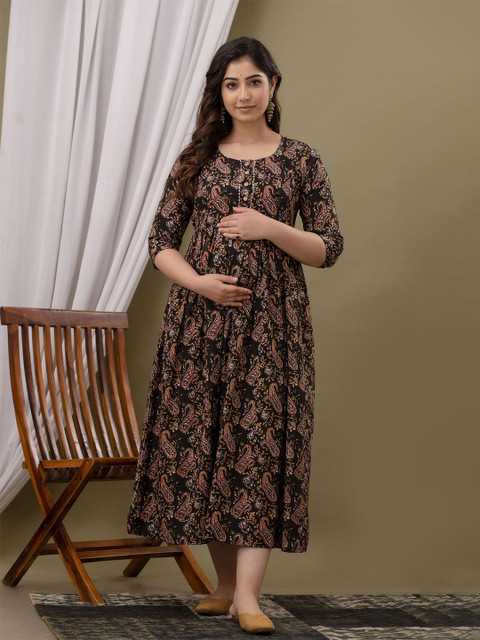 BAESD Paisley Printed Gathered or Pleated Round Neck Maternity Gown Midi Dress