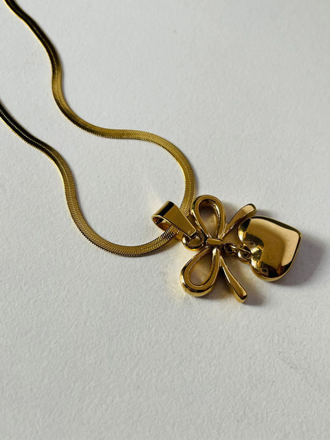 Palli Creation Gold Plated Stainless Steel Bow Heart Shape Pendant With Chain