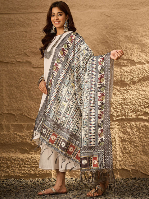 InWeave Round Neck A-Line Kurta With Palazzos & Dupatta