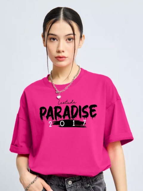 Leotude Women Typography Printed Round Neck Cotton Oversized T-shirt