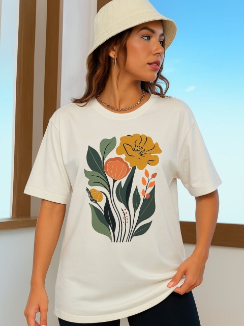 SZN Women Floral Printed Round Neck Cotton Oversized T-shirt