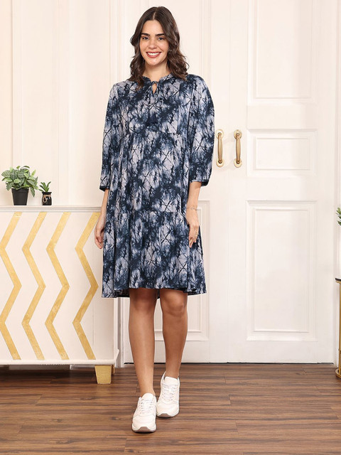 MomToBe Tie and Dye Print Tie-Up Neck Maternity Fit & Flare Above Knee Dress