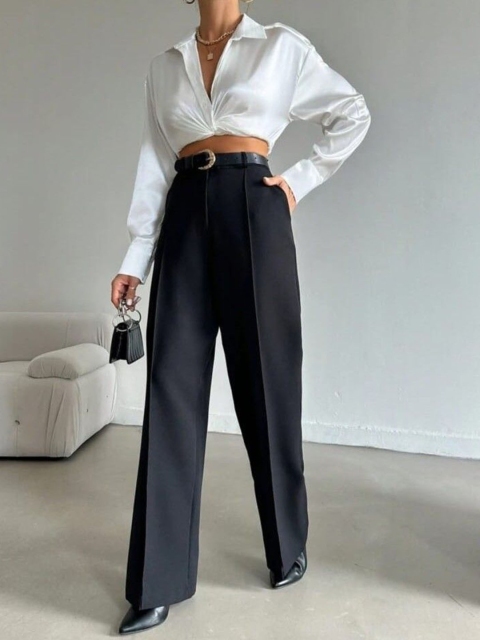 BROADSTAR Women Korean Smart Straight Fit High-Rise Easy Wash Pleated Trousers