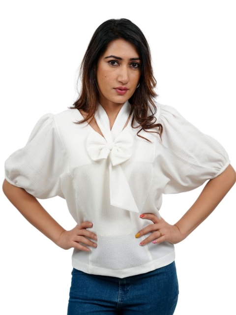 BELLO DONA CLOTHING Women Tie-Up Neck Puff Sleeve Top
