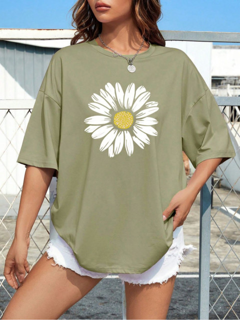 SZN Women Floral Printed Round Neck Cotton Oversized T-shirt