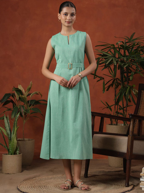 anayna Women Self Design Cotton Sleeveless Cotton Fit & Flare Midi Dress With Belt