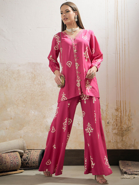 Shae by SASSAFRAS Ethnic Motif Printed Gotta Patti Work Shirt With Palazzos