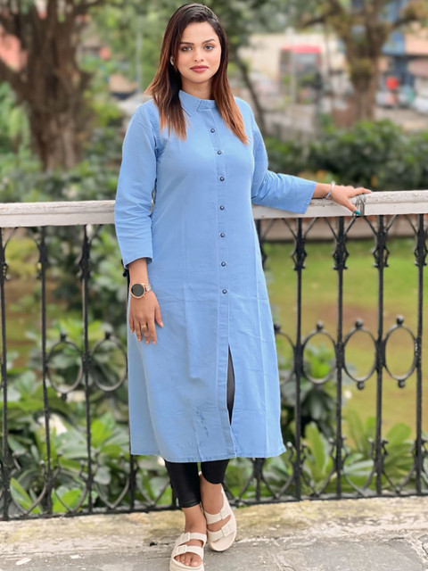 SK Creation Women Solid Shirt Collar Denim Straight Kurta