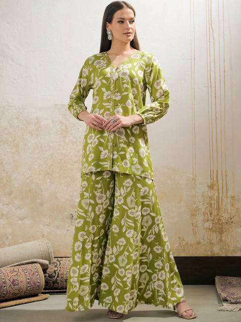 Shae by SASSAFRAS Floral Printed Mirror Work V Neck Shirt & Palazzos