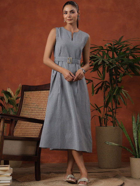 anayna Women Checked Cotton A-Line Midi Dress With Belt