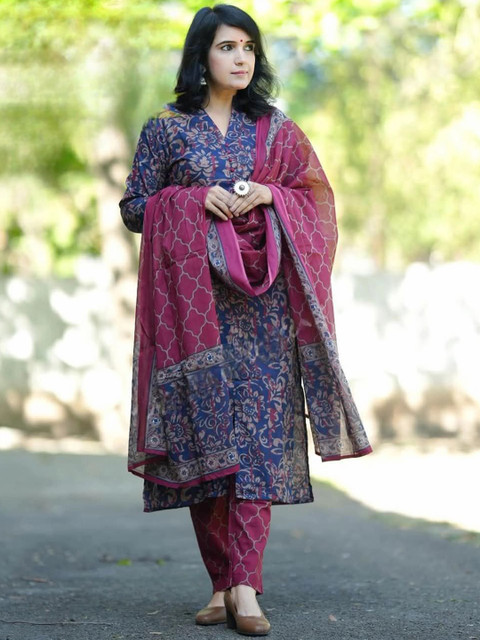 KALINI Floral Printed Mandarin Collar Straight Kurta With Trousers And Dupatta - Image 4