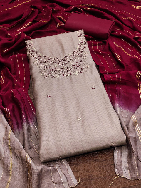 HERE&NOW Floral Embroidered Sequinned Coco Silk Unstitched Dress Material
