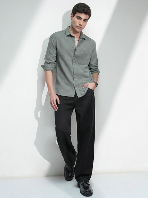 HIGHLANDER Men Comfort Relaxed Fit Textured Spread Collar Cotton Casual Shirt - Image 6