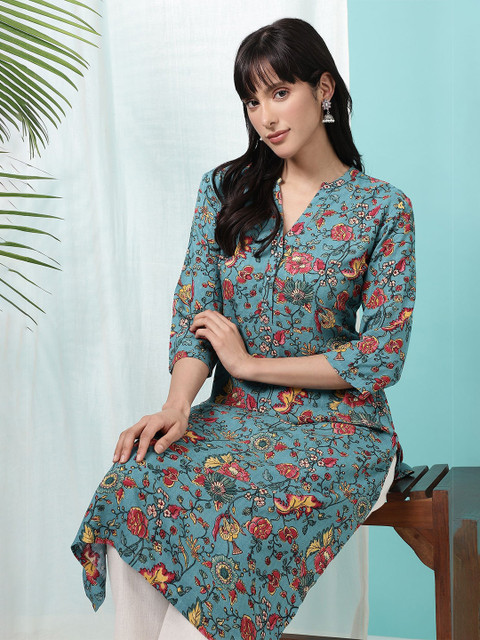 W Floral Printed Mandarin Collar Straight Kurta