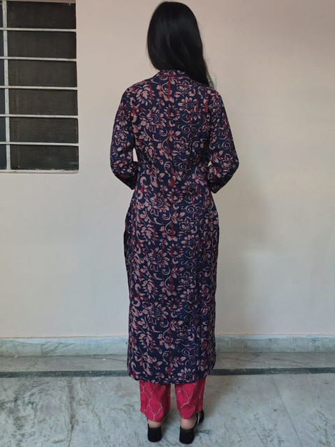 KALINI Floral Printed Mandarin Collar Straight Kurta With Trousers And Dupatta - Image 3