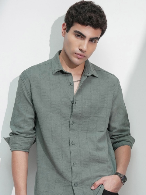 HIGHLANDER Men Comfort Relaxed Fit Textured Spread Collar Cotton Casual Shirt