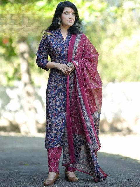 KALINI Floral Printed Mandarin Collar Straight Kurta With Trousers And Dupatta