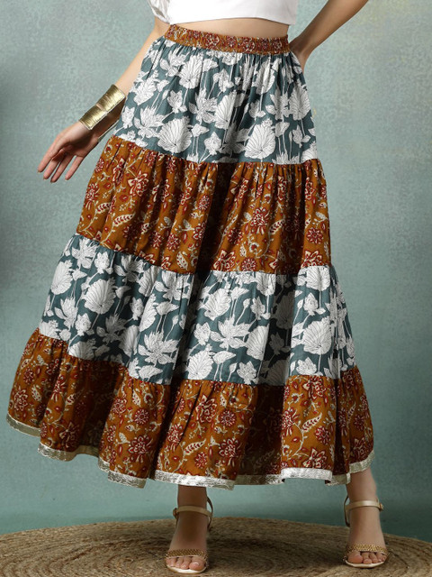 SUNEKH Floral Printed Cotton Flared Maxi Skirt