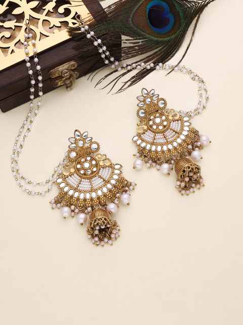 Anouk Gold-Plated Artificial Stones Studded & Pearls Beaded Contemporary Drop Earrings