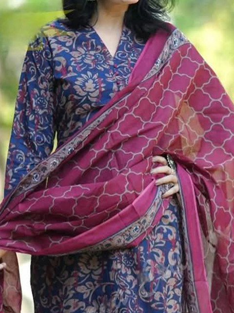 KALINI Floral Printed Mandarin Collar Straight Kurta With Trousers And Dupatta - Image 2