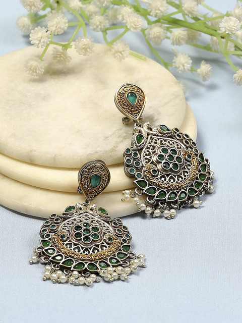 Biba Brass-Plated Contemporary Artificial Stones Studded and Beaded Drop Earrings