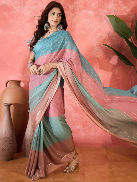 Sangria Striped Colourblocked Saree - Image 4