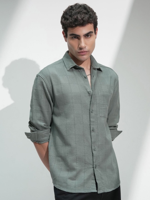HIGHLANDER Men Comfort Relaxed Fit Textured Spread Collar Cotton Casual Shirt - Image 3