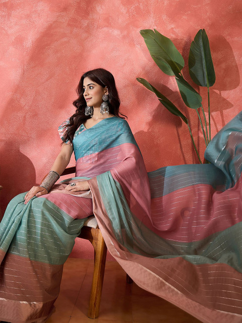 Sangria Striped Colourblocked Saree - Image 5