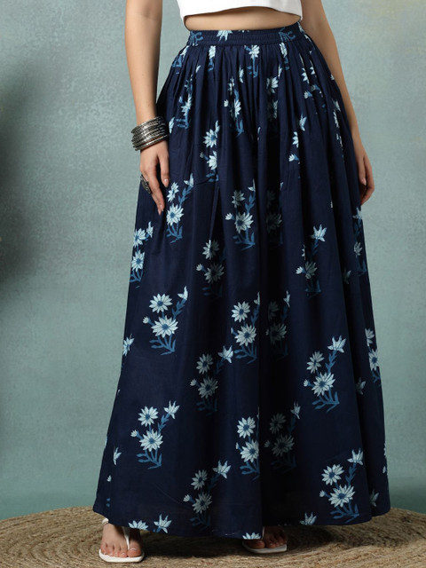 SUNEKH Floral Printed Cotton Flared Maxi Skirt