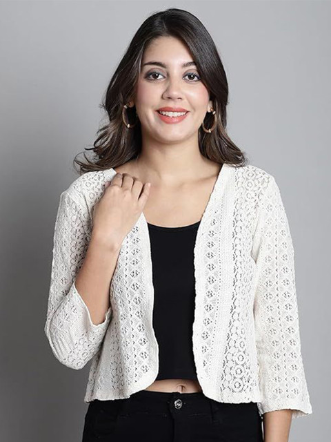 NATURE CRAFT Self Design V-Neck Cotton Crop Shrug