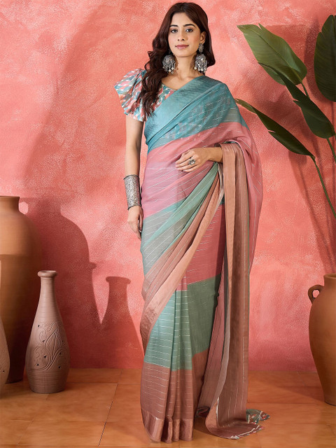 Sangria Striped Colourblocked Saree