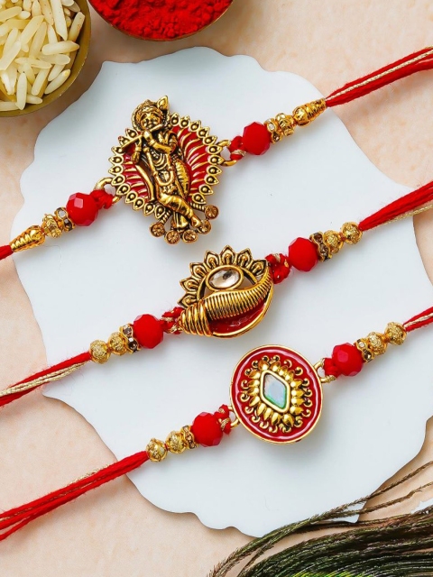 eCraftIndia Set Of 3 Stone Studded Krishna Design Thread Rakhi
