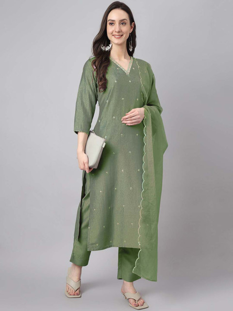 Janasya Women Floral Embroidered Kurti with Trouser & Dupatta - Image 7