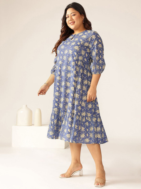 KALINI Women Plus Size Floral Print Keyhole Neck Puff Sleeve Fit & Flare Midi Dress - Image 3