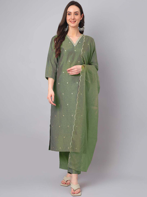 Janasya Women Floral Embroidered Kurti with Trouser & Dupatta - Image 2