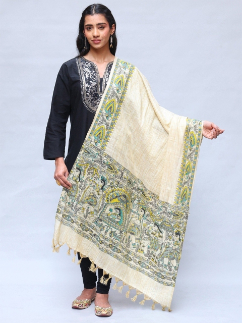 Exotic India Khadi Cotton Madhubani Art Shawl with Printed Palanquin And Peacocks Border