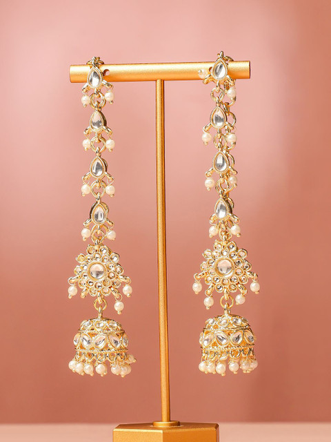 Rubans 18K Gold-Plated White Kundan & Cream Pearl Beaded Long Jhumka Earring Extensions