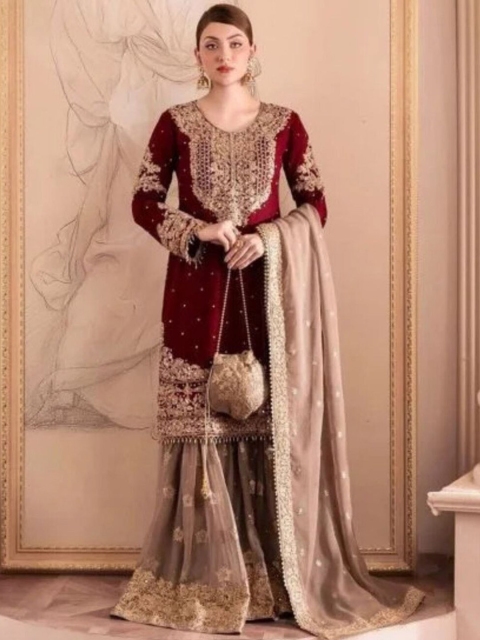 MISS CLOTHING Women Embroidered Regular Beads and Stones Kurta with Sharara & With Dupatta
