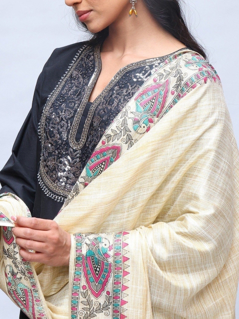 Exotic India Ethnic Motifs Madhubani Art Printed Khadi Cotton Shawl - Image 2