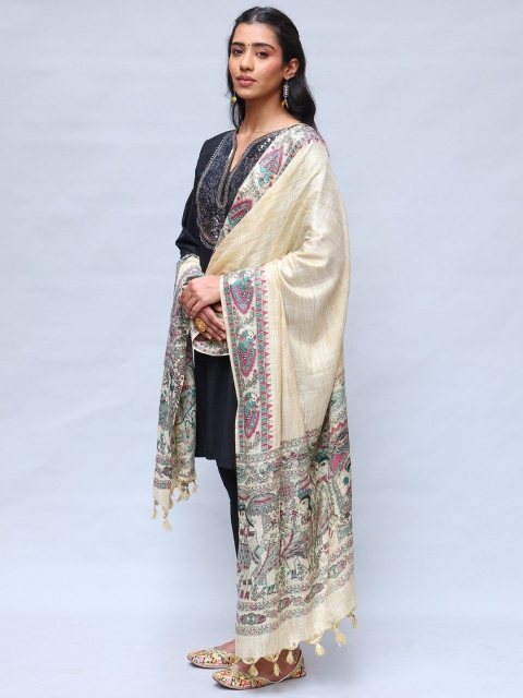 Exotic India Ethnic Motifs Madhubani Art Printed Khadi Cotton Shawl - Image 3