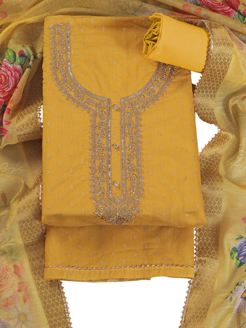 TAVAS Floral Embroidered Sequinned Chanderi Silk Unstitched Dress Material