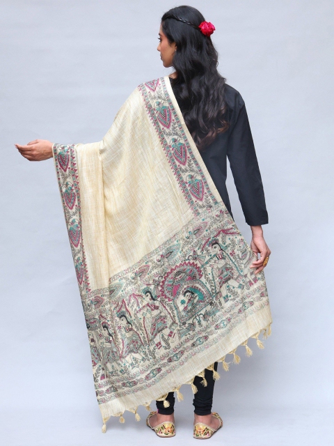 Exotic India Ethnic Motifs Madhubani Art Printed Khadi Cotton Shawl - Image 4