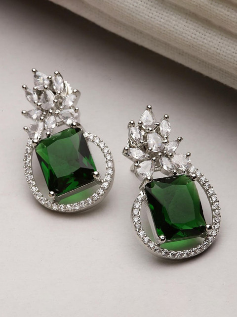 Gemron Jewel Rhodium-Plated American Diamond Contemporary Shapaed Drop Earrings