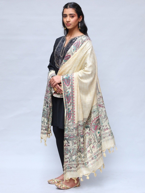 Exotic India Ethnic Motifs Madhubani Art Printed Khadi Cotton Shawl - Image 5