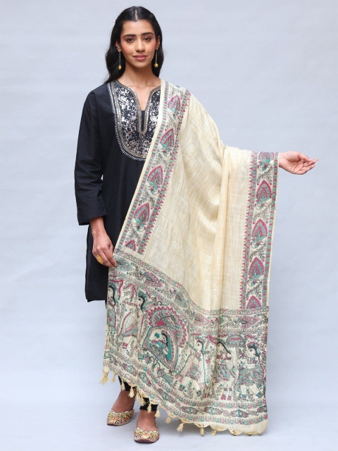 Exotic India Ethnic Motifs Madhubani Art Printed Khadi Cotton Shawl