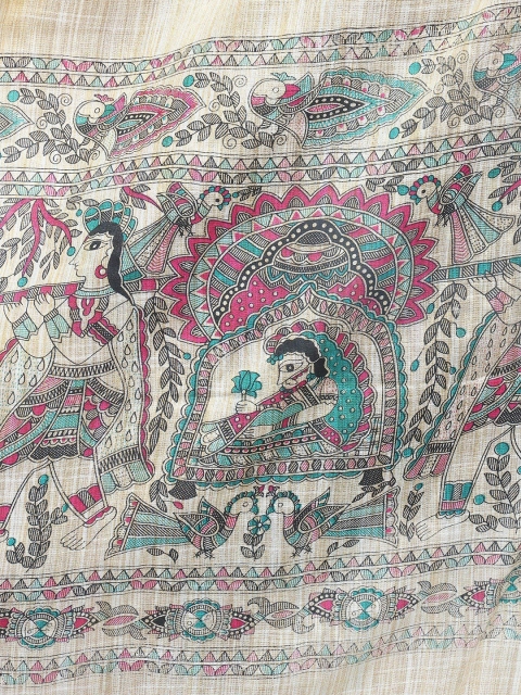 Exotic India Ethnic Motifs Madhubani Art Printed Khadi Cotton Shawl - Image 6