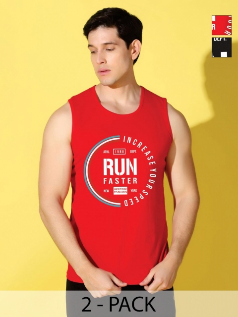 WOOSTRO Men Pack Of 2 Typography Sleeveless Printed Slim Fit T-shirt